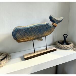 Handmade Wood Whale Sculpture Blue Distressed Carved 8” Nautical Decor 3414-65